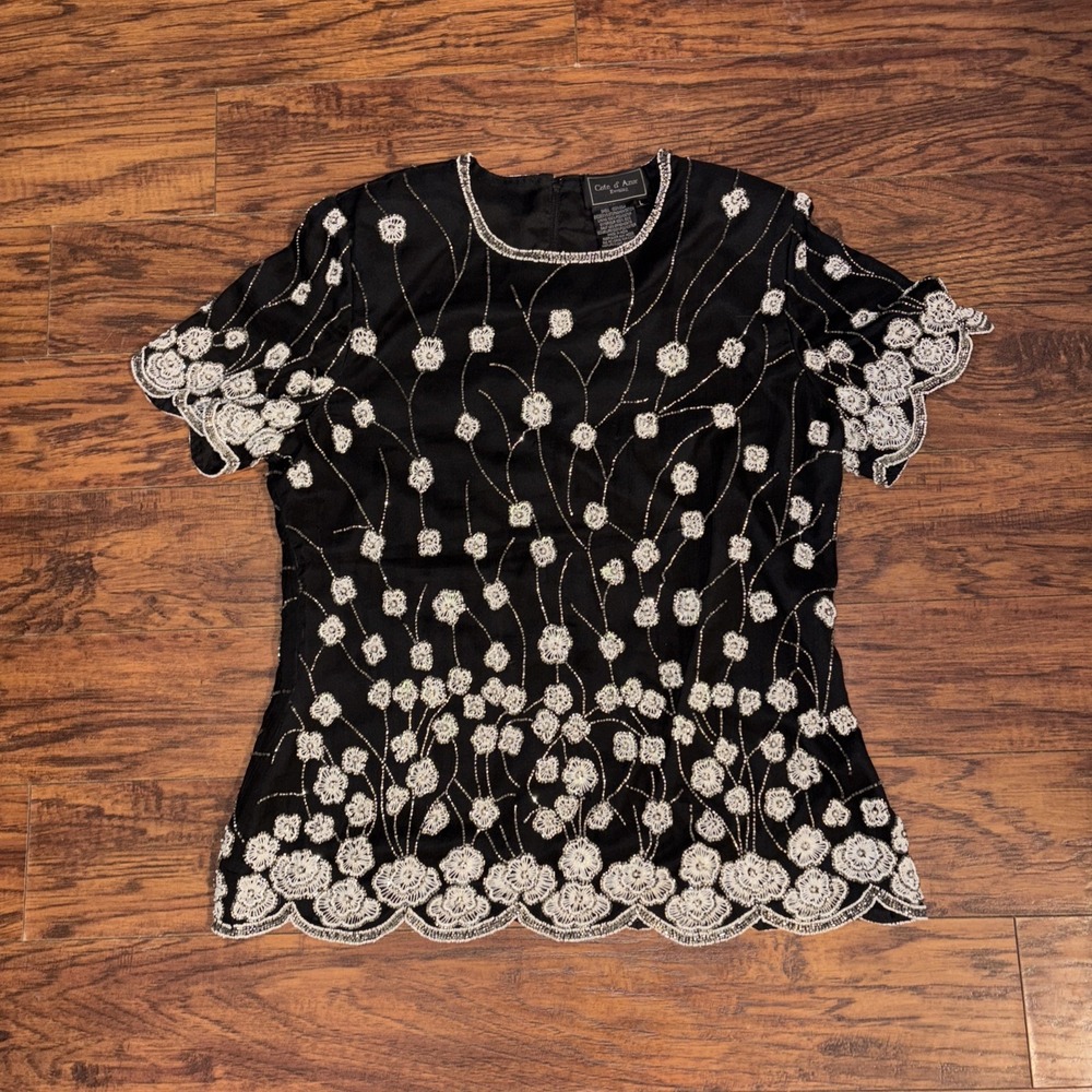 Cote d'Azur Evenings Women's Beaded‎ Silk Top Black Short Sleeve Blouse L